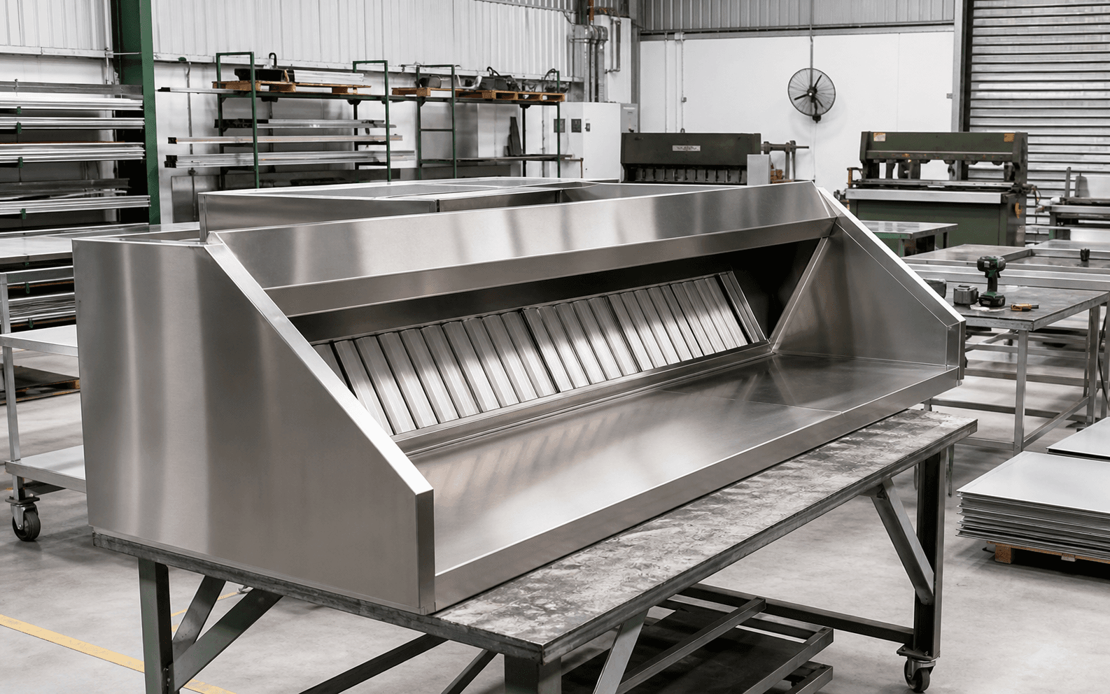 Stainless steel commercial kitchen canopy in an Australian fabrication workshop