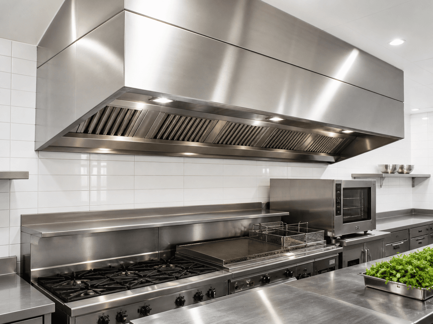 Stainless steel commercial kitchen canopy over cooking equipment
